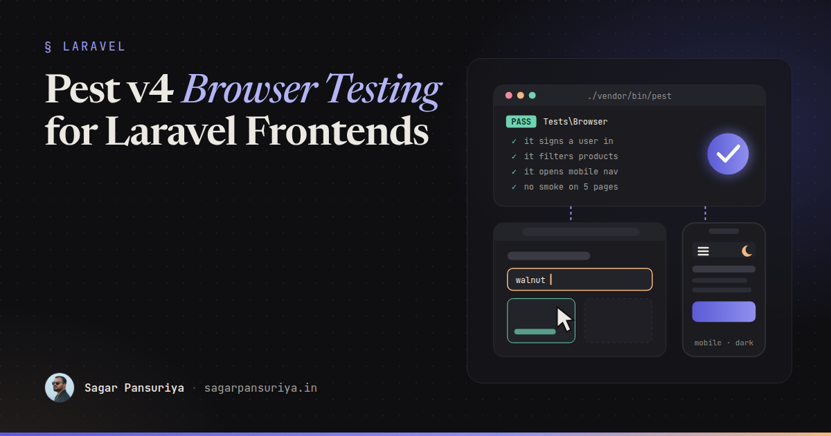 Illustration of a Pest test file driving a browser window, with passing checks for clicks, JavaScript errors, mobile and dark mode