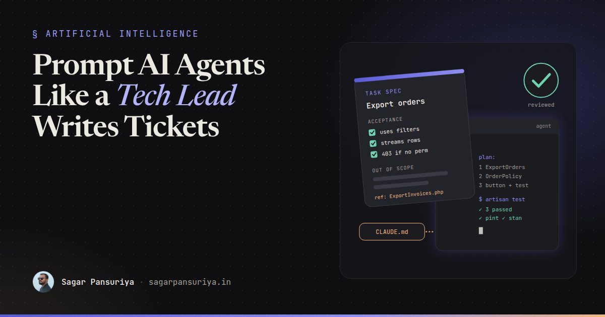 Illustration of a task ticket with acceptance criteria being handed to an AI agent terminal, with a plan, tests and a review checkmark