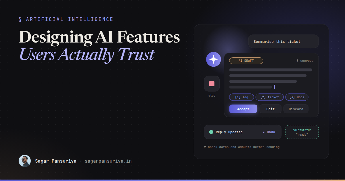 Illustration of an AI assistant panel with streaming text, source citation chips, a draft label, accept and edit buttons, and an undo toast